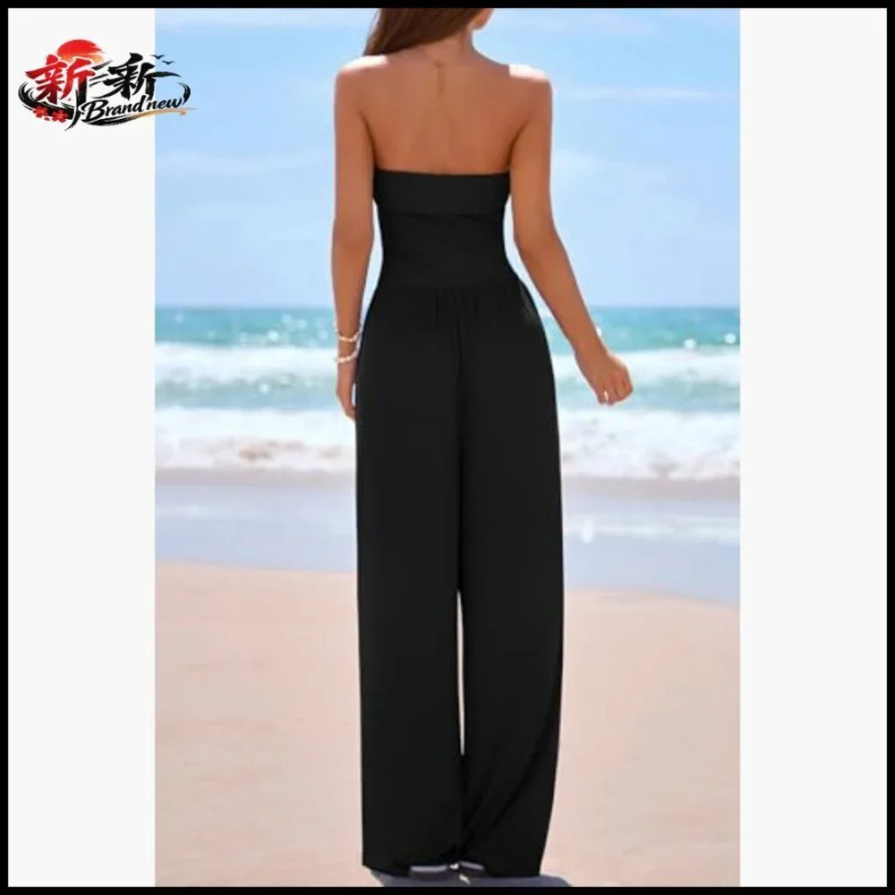 Strapless Wide Leg Jumpsuit, Polyester Elastane Knit, Formal Casual Romper